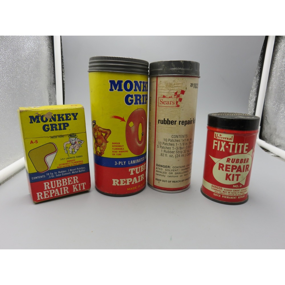 Vintage Monkey Grip Sears Universal Fix-Tite Rubber Repair Kit Tins Lot of 4